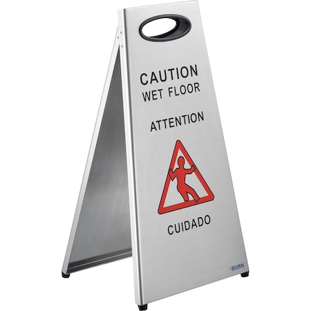 Global Industrial Caution Wet Floor Sign, 24.67 in (Closed), 24-1/4 in (Open) Height, 13 in Width, Stainless Steel 641436